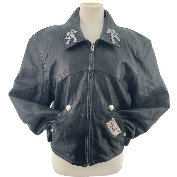Vintage Rare Hi-Tek London Black Leather Moto Jacket Unisex Size L Pre-Owned - Picture 1 of 8